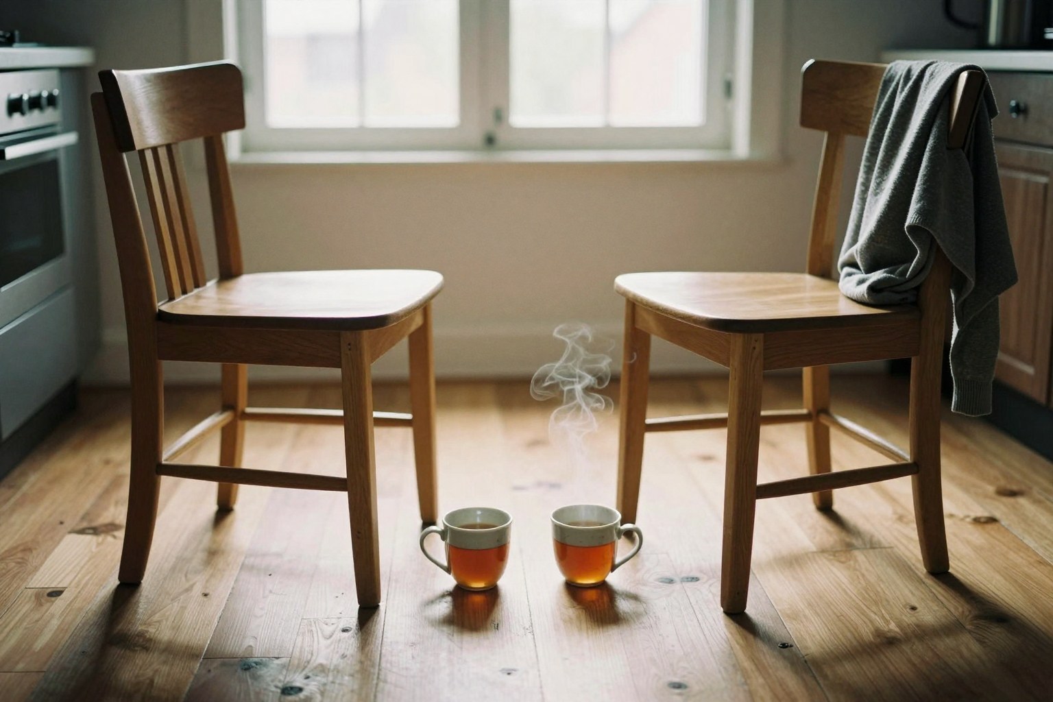 Two chairs, one empty