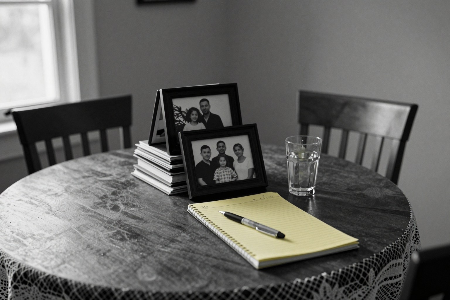 A dining table, writing an obituary