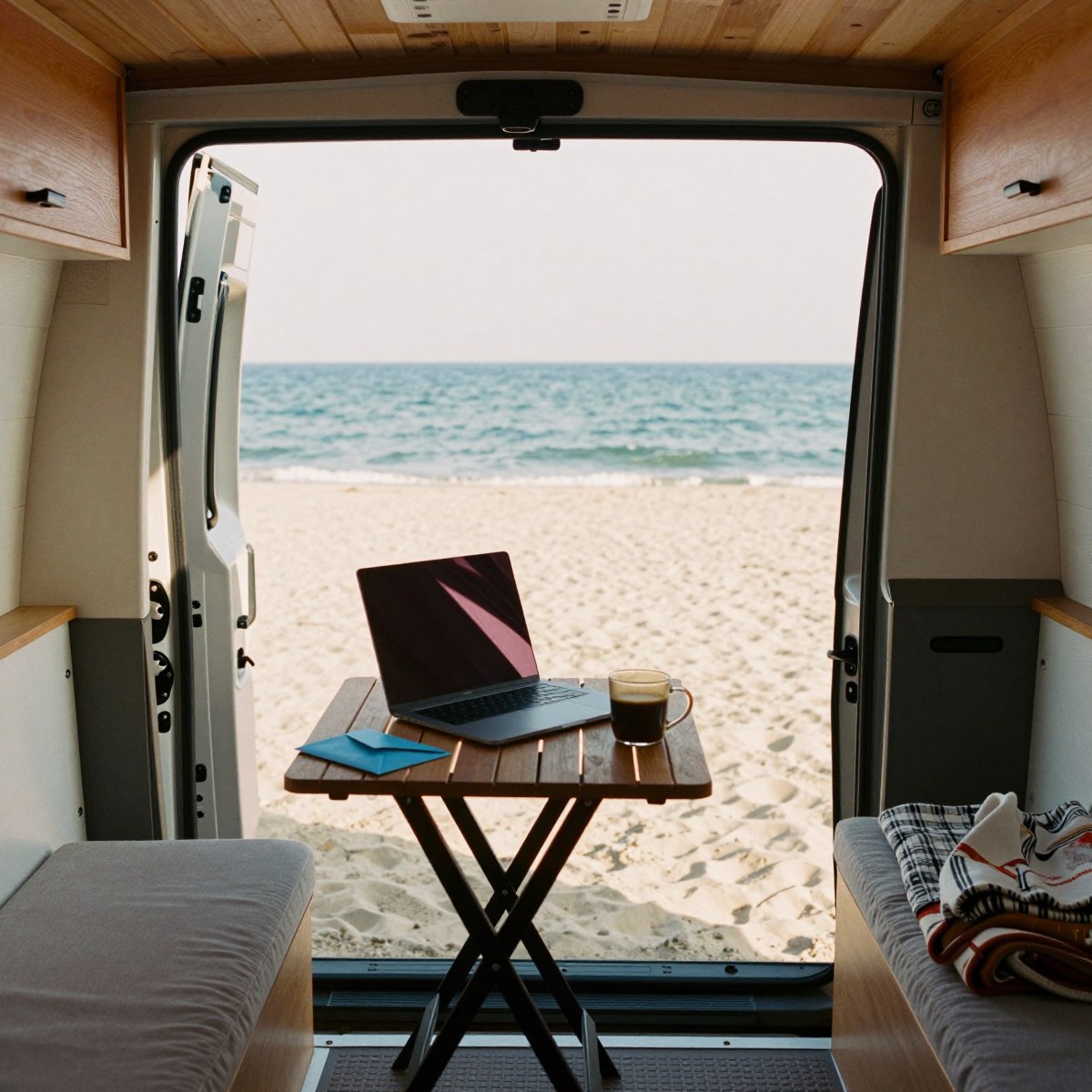A van, facing the ocean